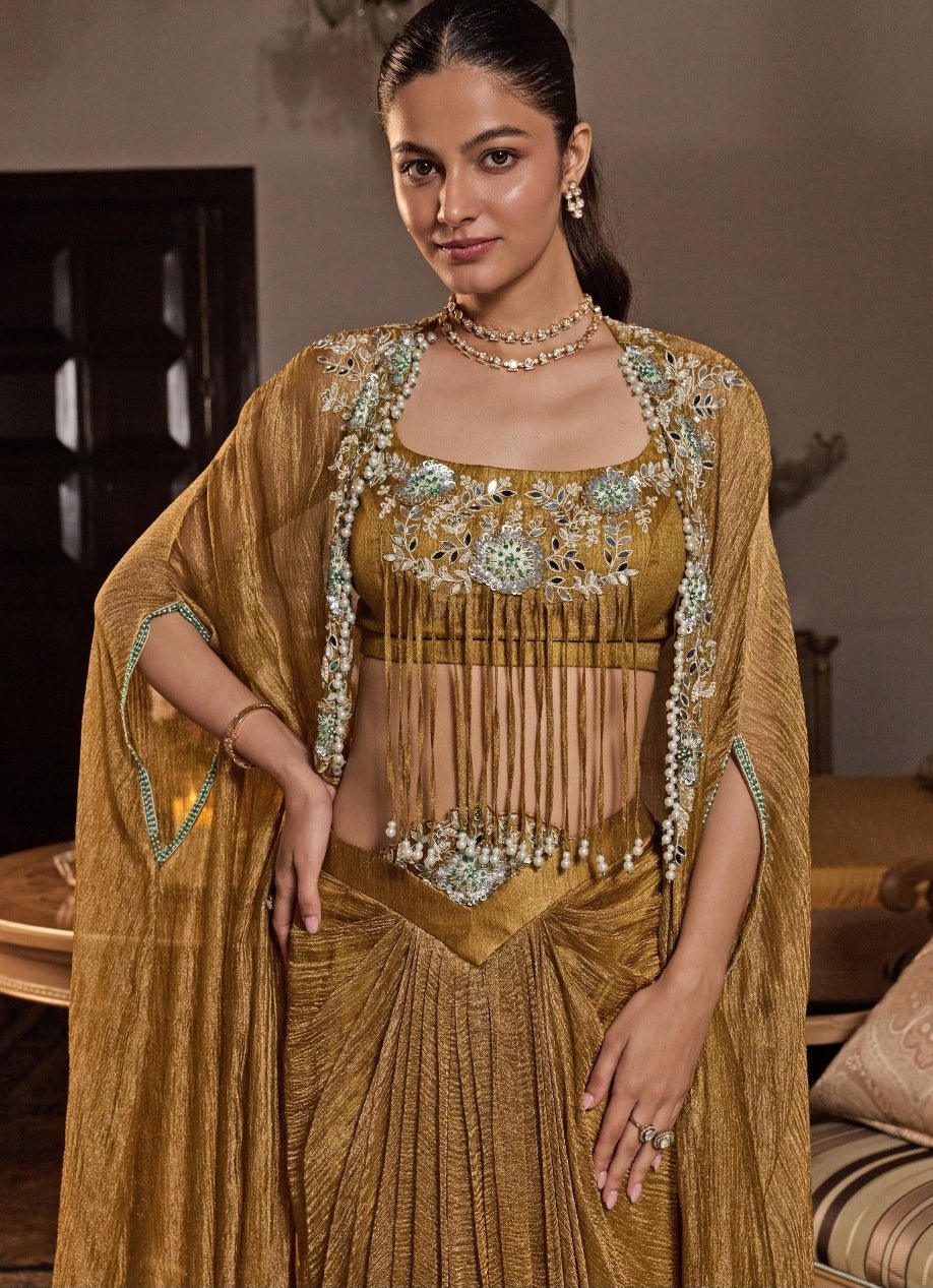 Mustard Gold Tissue Cape Set With Draped Skirt Seema Thukral - Fabilicious Fashion