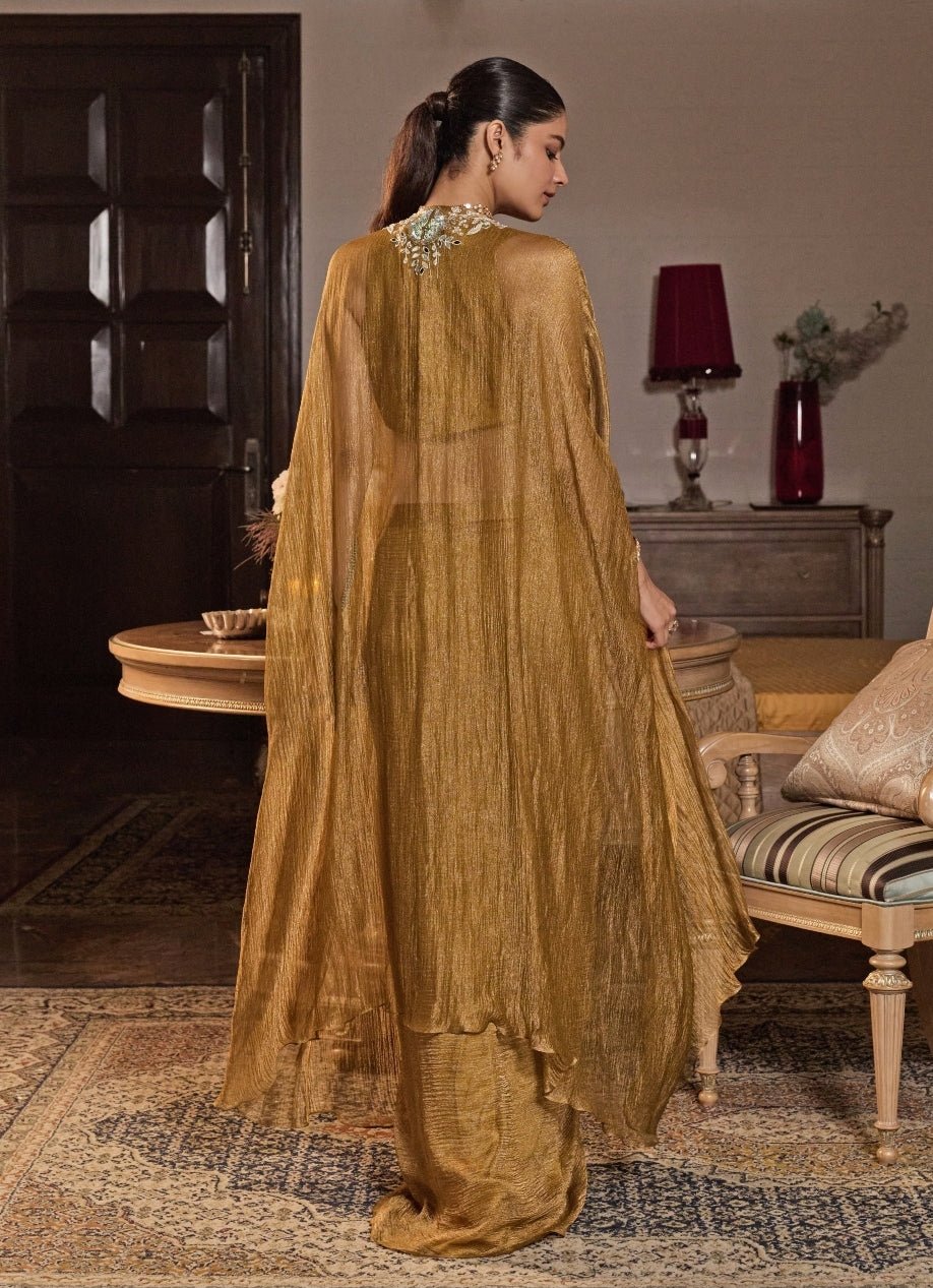 Mustard Gold Tissue Cape Set With Draped Skirt Seema Thukral - Fabilicious Fashion