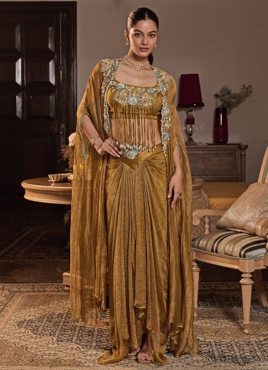 Mustard Gold Tissue Cape Set With Draped Skirt Seema Thukral - Fabilicious Fashion
