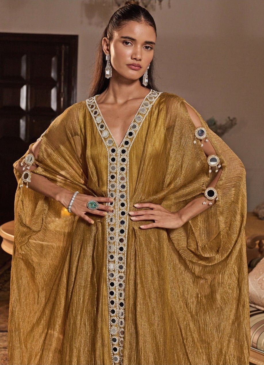 Mustard Gold Tissue Draped Kaftan Seema Thukral - Fabilicious Fashion