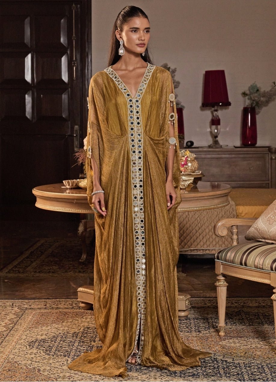Mustard Gold Tissue Draped Kaftan Seema Thukral - Fabilicious Fashion