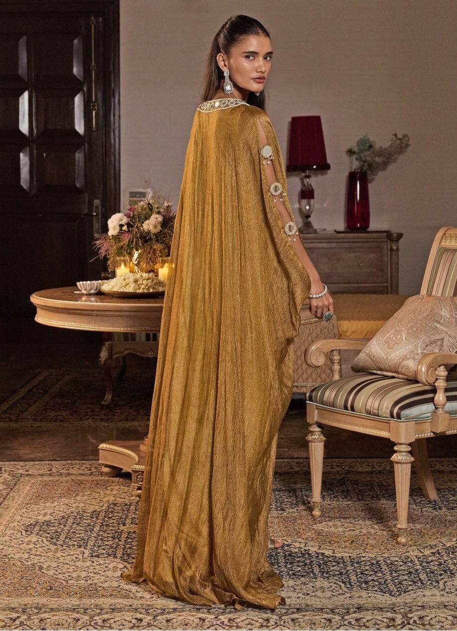 Mustard Gold Tissue Draped Kaftan Seema Thukral - Fabilicious Fashion