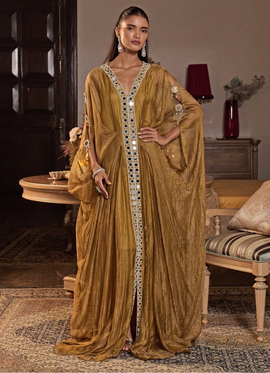 Mustard Gold Tissue Draped Kaftan Seema Thukral - Fabilicious Fashion