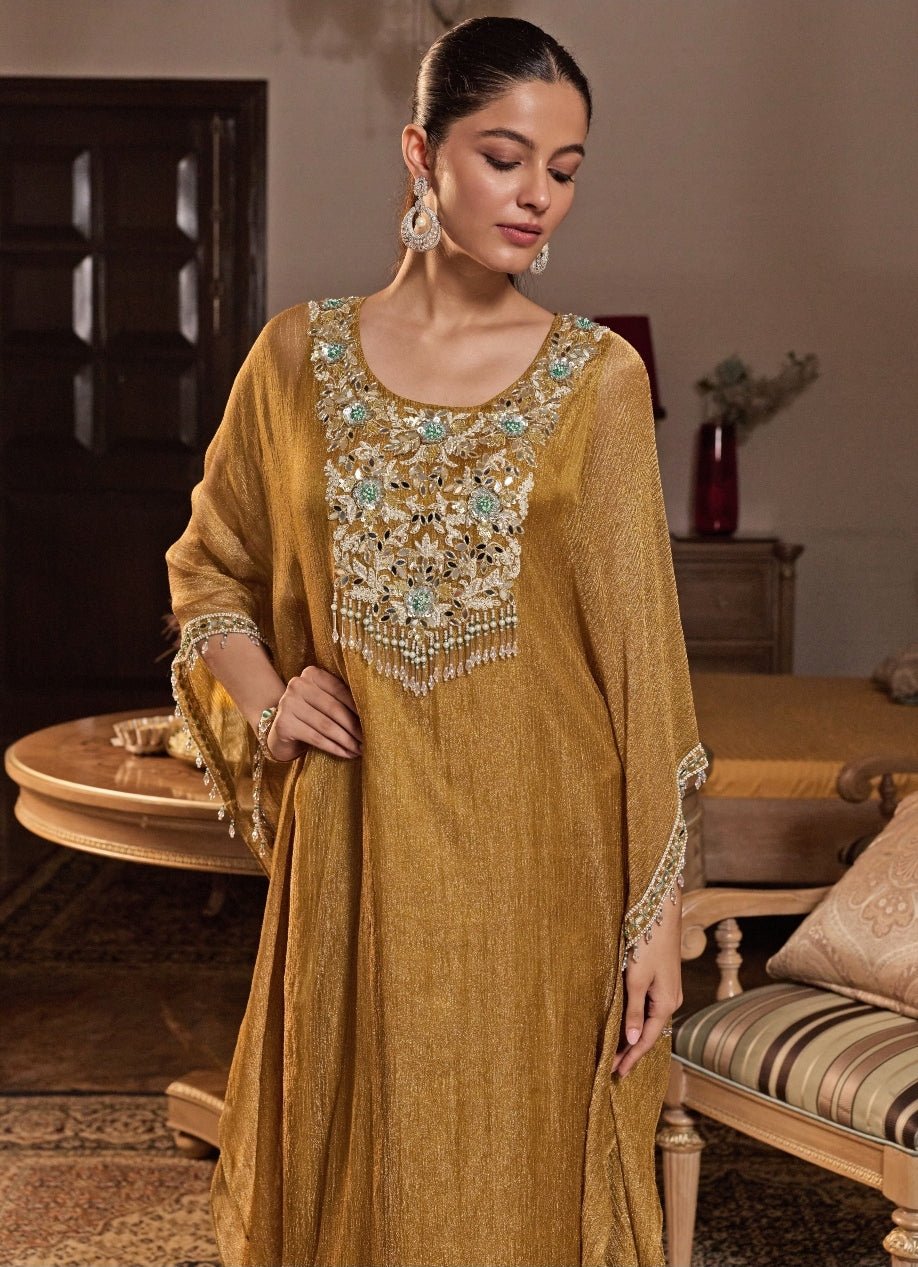 Mustard Gold Tissue Kaftan Pants Set Seema Thukral - Fabilicious Fashion