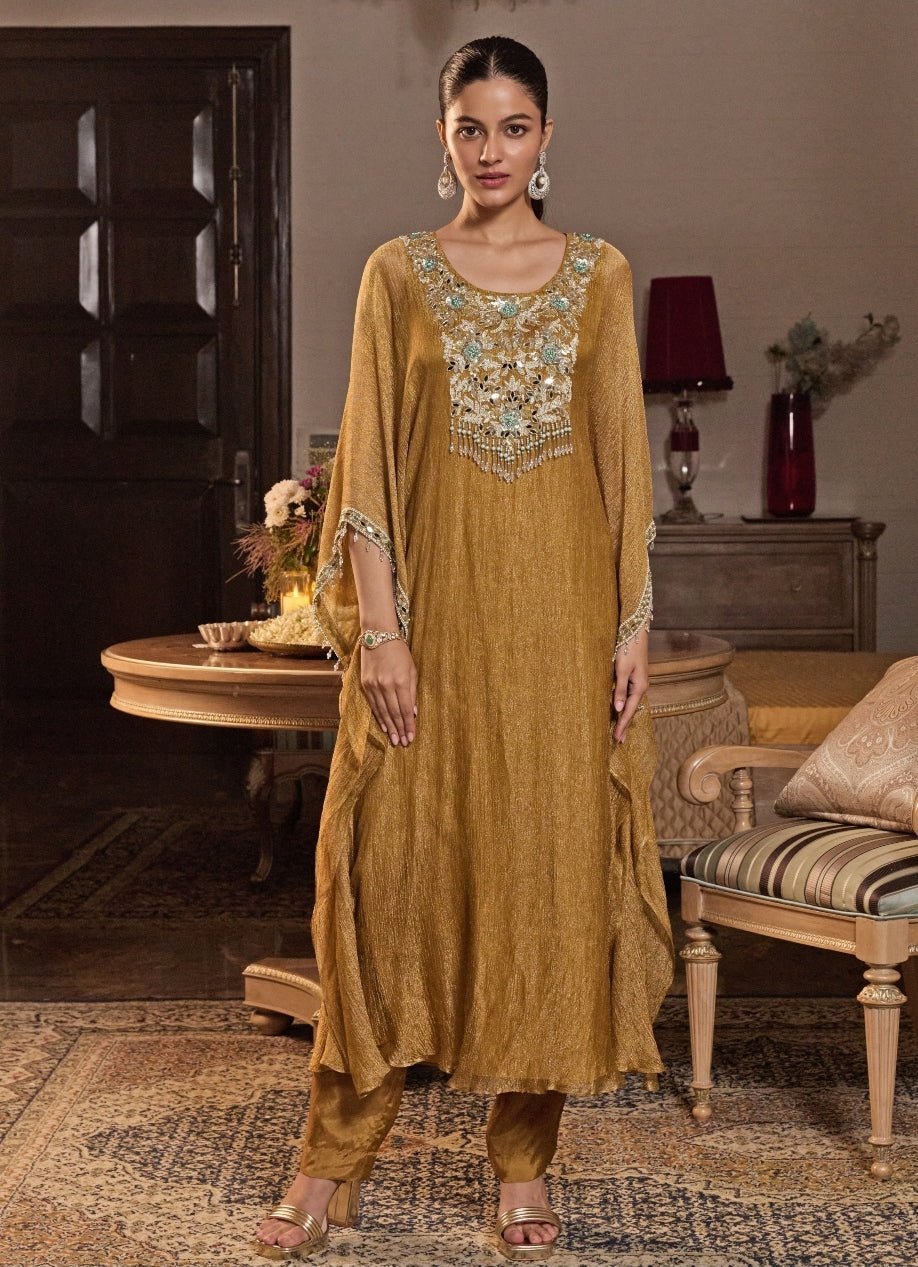 Mustard Gold Tissue Kaftan Pants Set Seema Thukral - Fabilicious Fashion
