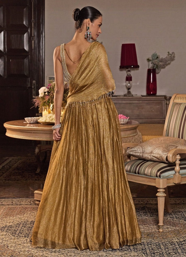 Mustard Gold Tissue Lehenga With Draped Dupatta Seema Thukral - Fabilicious Fashion