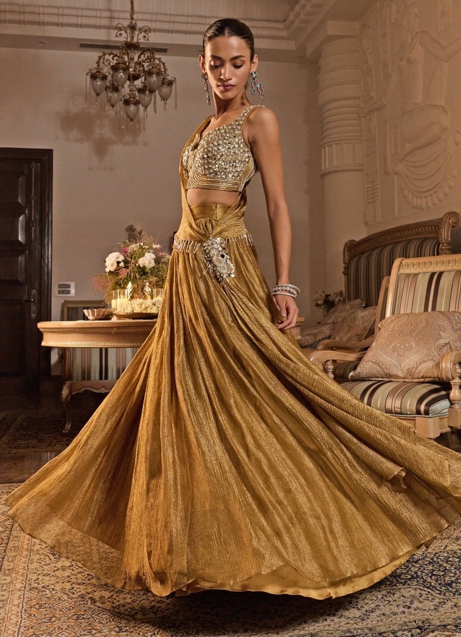 Mustard Gold Tissue Lehenga With Draped Dupatta Seema Thukral - Fabilicious Fashion