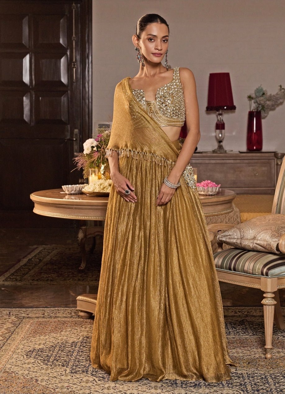 Mustard Gold Tissue Lehenga With Draped Dupatta Seema Thukral - Fabilicious Fashion