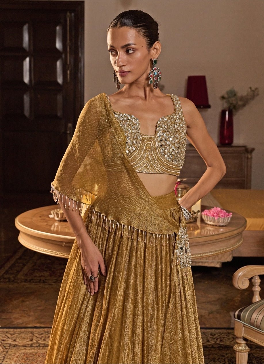Mustard Gold Tissue Lehenga With Draped Dupatta Seema Thukral - Fabilicious Fashion