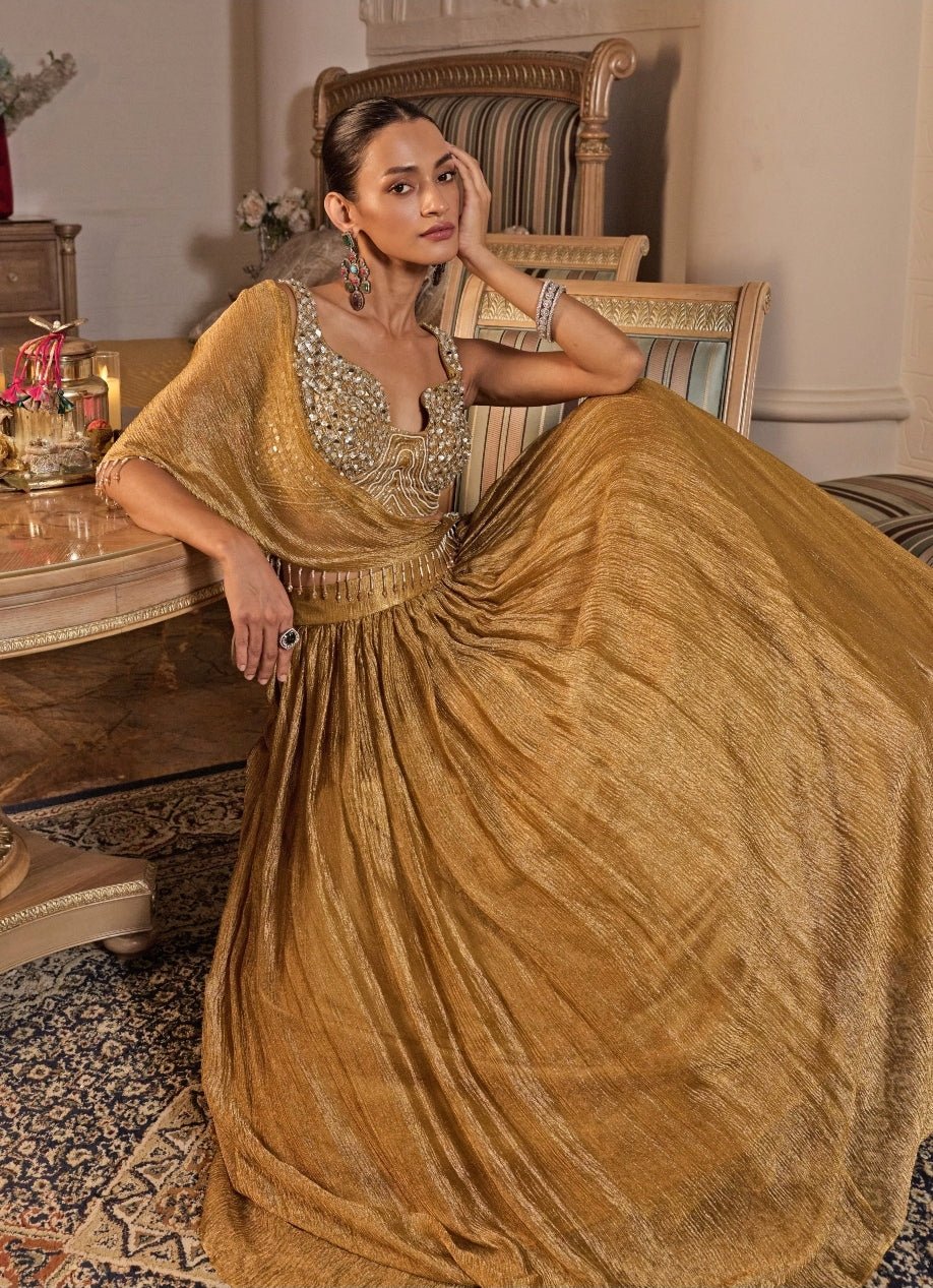 Mustard Gold Tissue Lehenga With Draped Dupatta Seema Thukral - Fabilicious Fashion