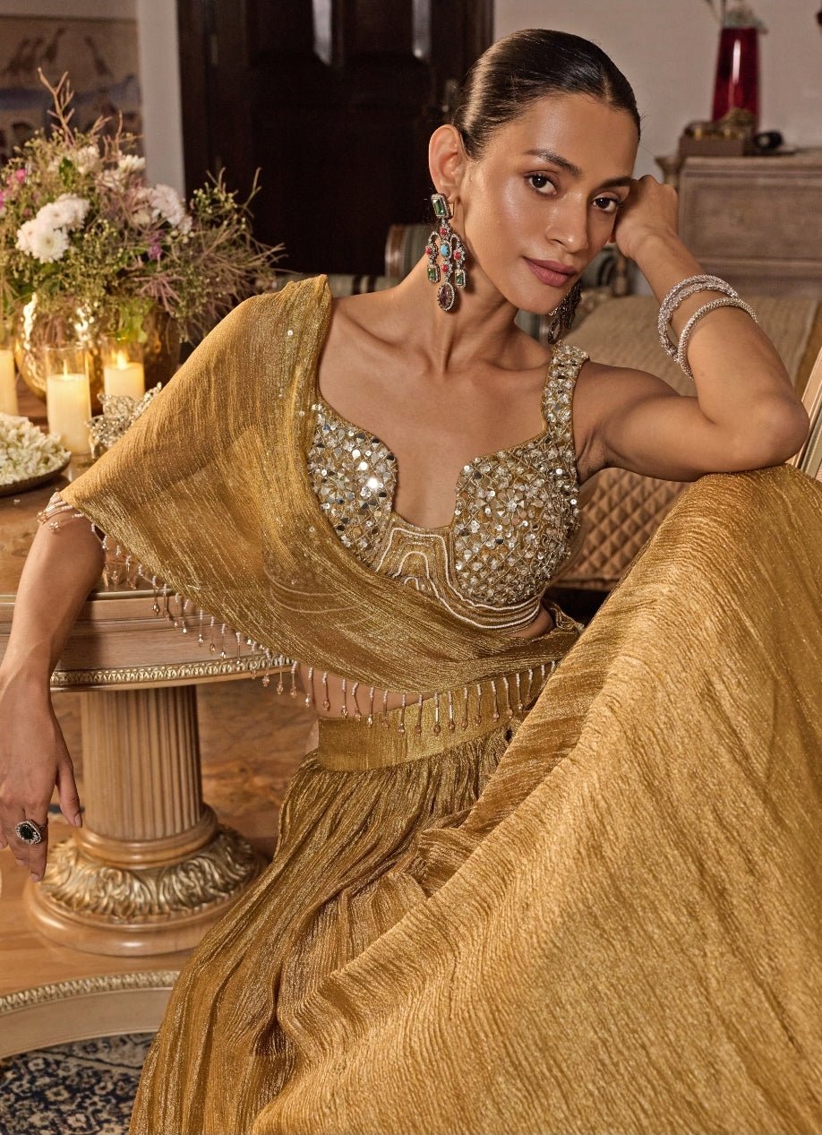 Mustard Gold Tissue Lehenga With Draped Dupatta Seema Thukral - Fabilicious Fashion