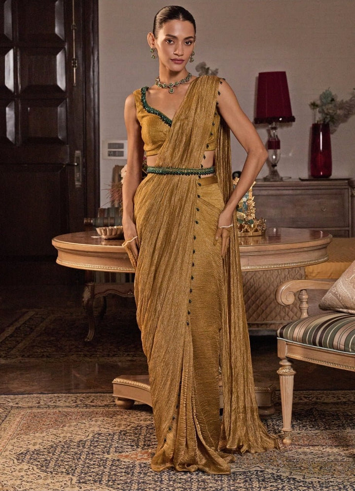 Mustard Gold Tissue Pre Draped Saree Seema Thukral - Fabilicious Fashion