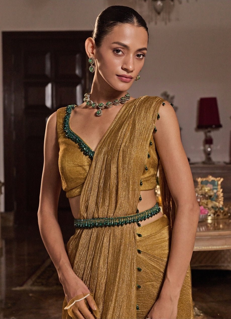 Mustard Gold Tissue Pre Draped Saree Seema Thukral - Fabilicious Fashion