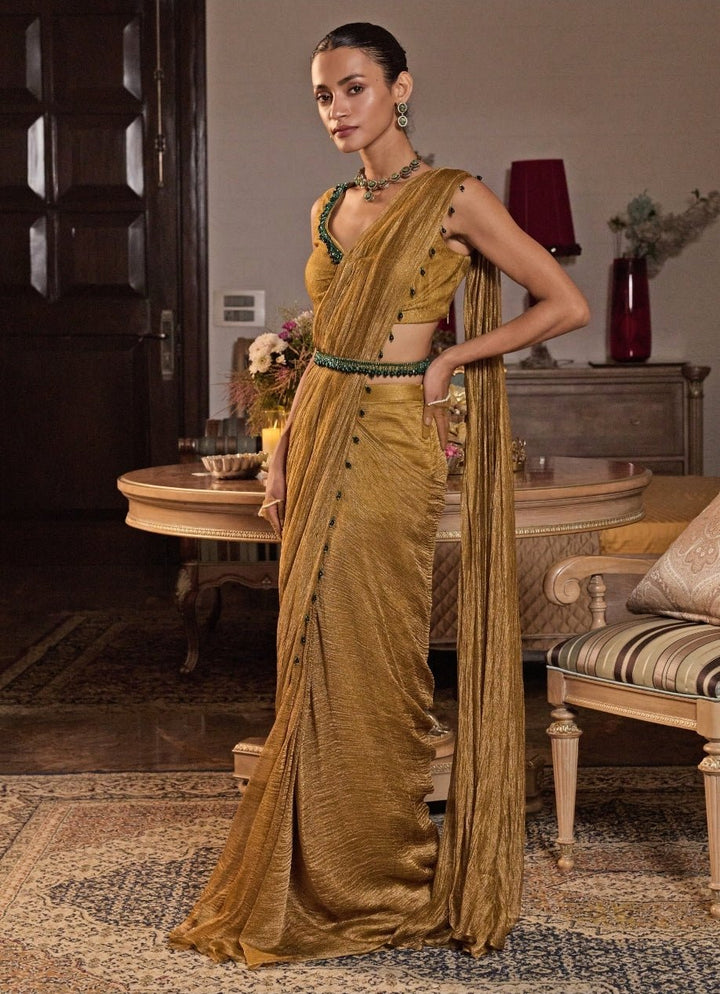 Mustard Gold Tissue Pre Draped Saree Seema Thukral - Fabilicious Fashion