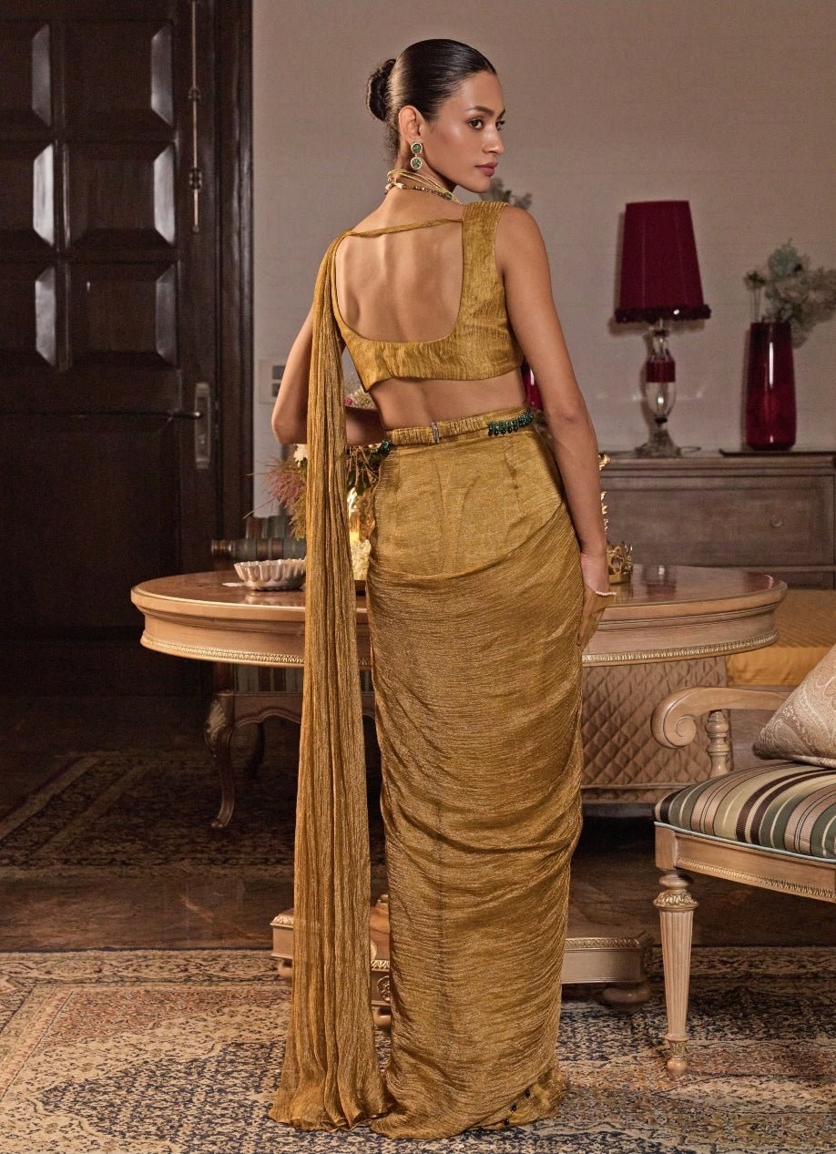 Mustard Gold Tissue Pre Draped Saree Seema Thukral - Fabilicious Fashion