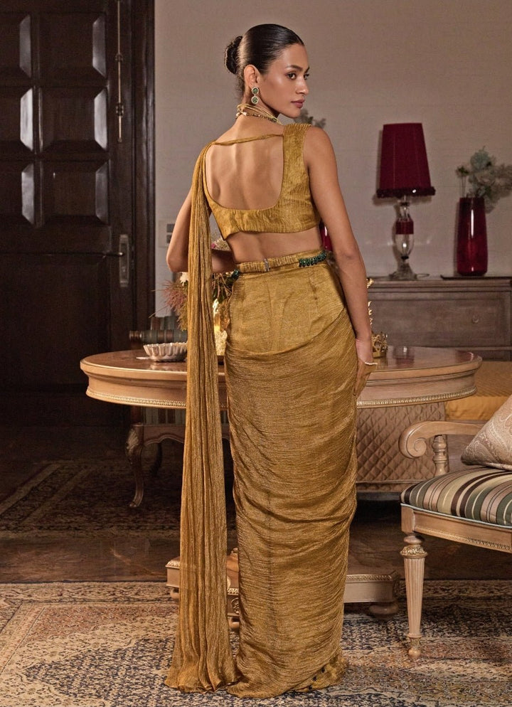Mustard Gold Tissue Pre Draped Saree Seema Thukral - Fabilicious Fashion
