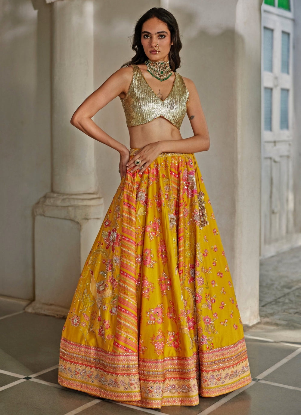Mustard Yellow And Gold Silk Lehenga Set Paulmi and Harsh - Fabilicious Fashion