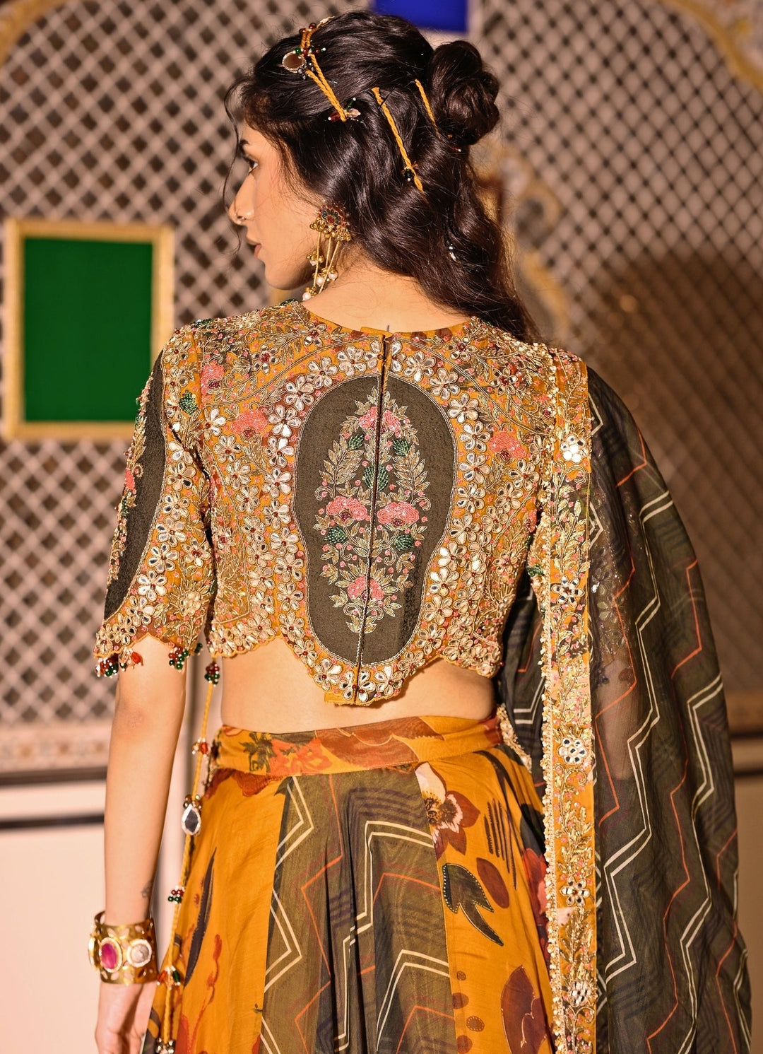 Juhi Bengani Mustard Yellow And Green Printed Organza Lehenga SetFabilicious Fashion