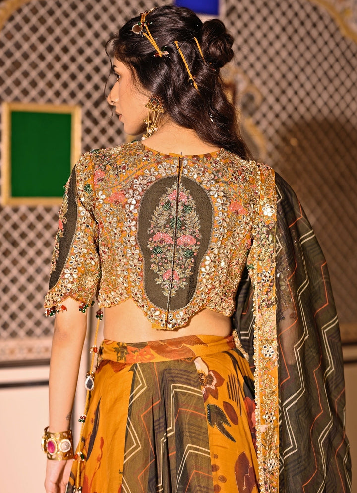 Juhi Bengani Mustard Yellow And Green Printed Organza Lehenga SetFabilicious Fashion