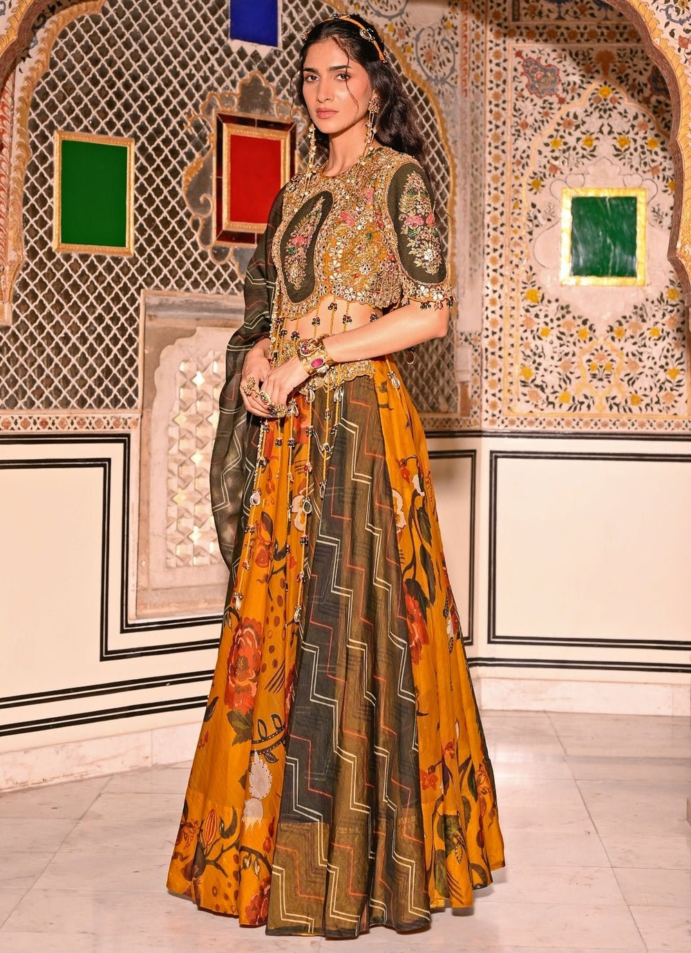 Juhi Bengani Mustard Yellow And Green Printed Organza Lehenga SetFabilicious Fashion