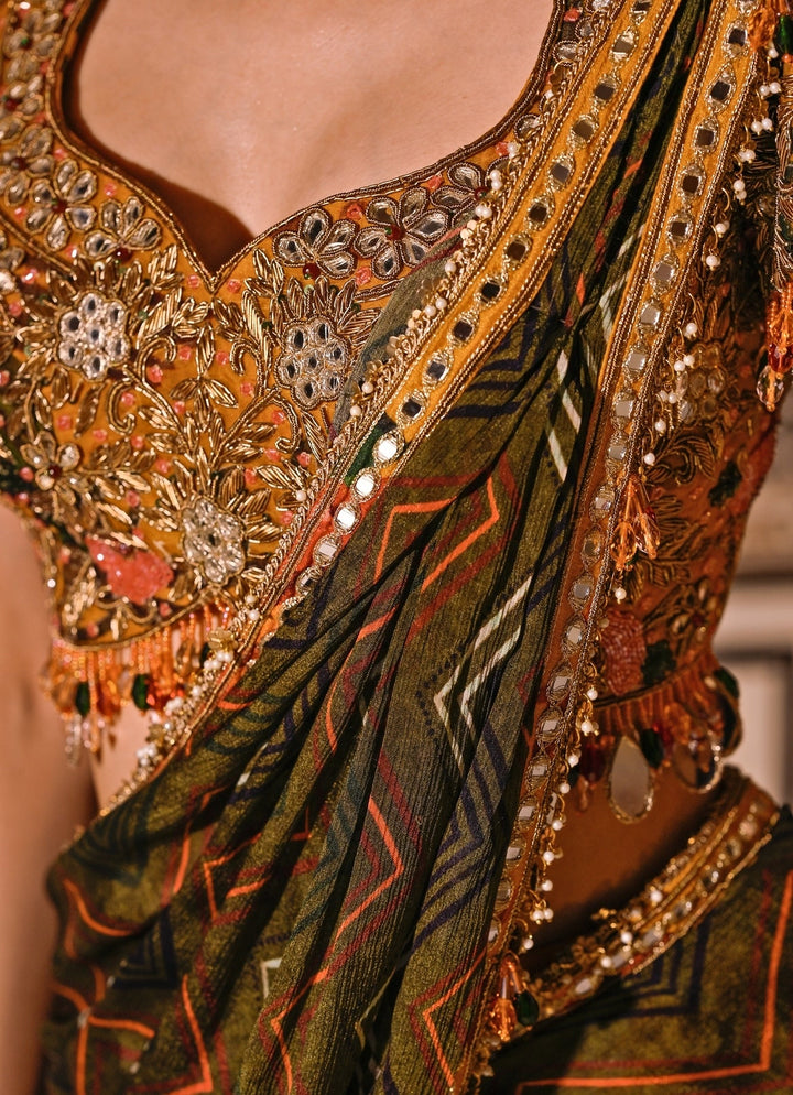 Juhi Bengani Mustard Yellow And Green Printed Organza Pre-Draped SareeFabilicious Fashion