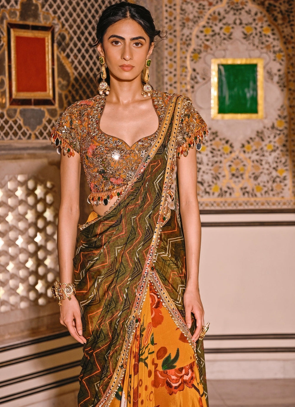 Juhi Bengani Mustard Yellow And Green Printed Organza Pre-Draped SareeFabilicious Fashion