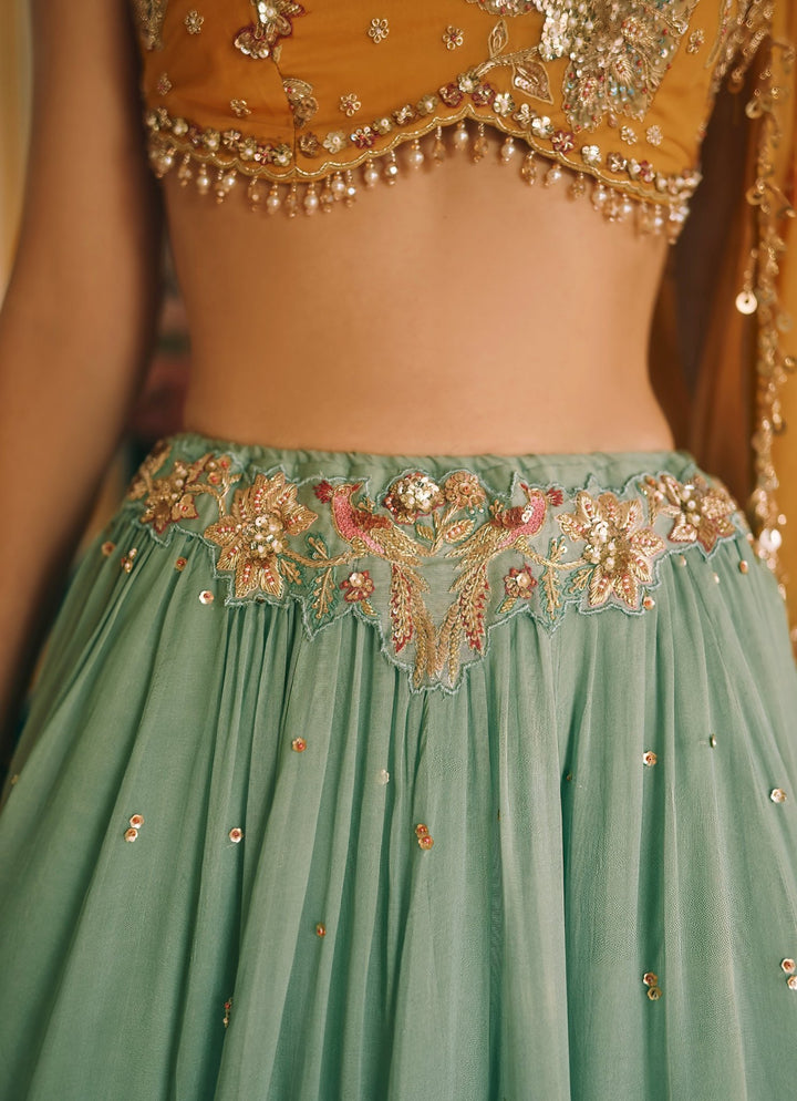 Paulmi and Harsh Mustard Yellow And Jade Green Floral Organza Lehenga SetFabilicious Fashion