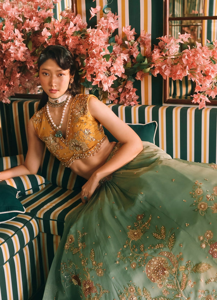 Paulmi and Harsh Mustard Yellow And Jade Green Floral Organza Lehenga SetFabilicious Fashion