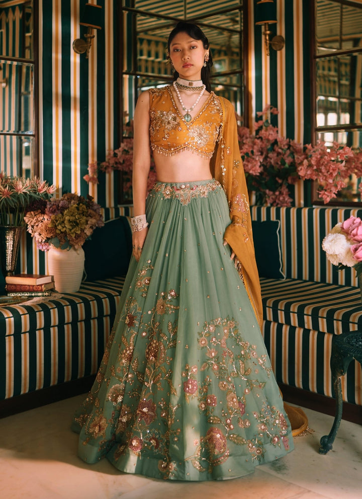 Paulmi and Harsh Mustard Yellow And Jade Green Floral Organza Lehenga SetFabilicious Fashion