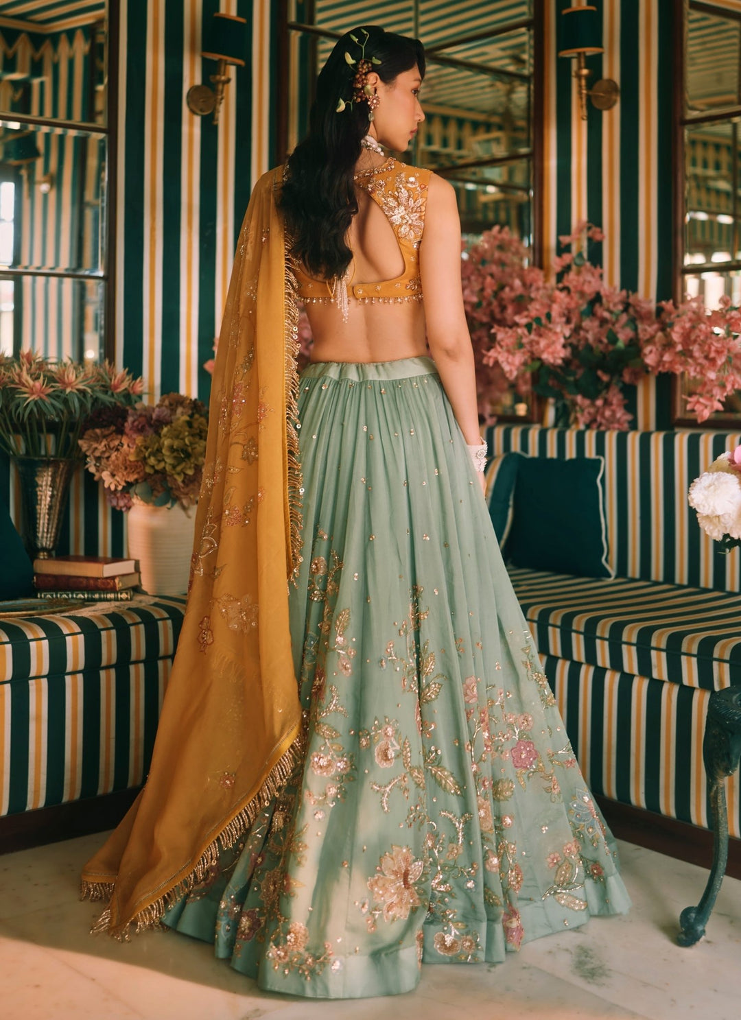 Paulmi and Harsh Mustard Yellow And Jade Green Floral Organza Lehenga SetFabilicious Fashion