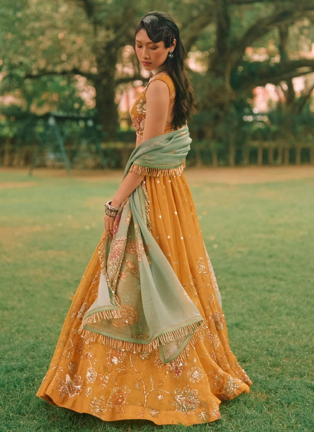 Paulmi and Harsh Mustard Yellow And Jade Green Printed Organza Lehenga SetFabilicious Fashion