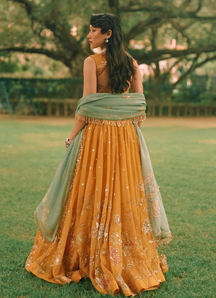 Paulmi and Harsh Mustard Yellow And Jade Green Printed Organza Lehenga SetFabilicious Fashion