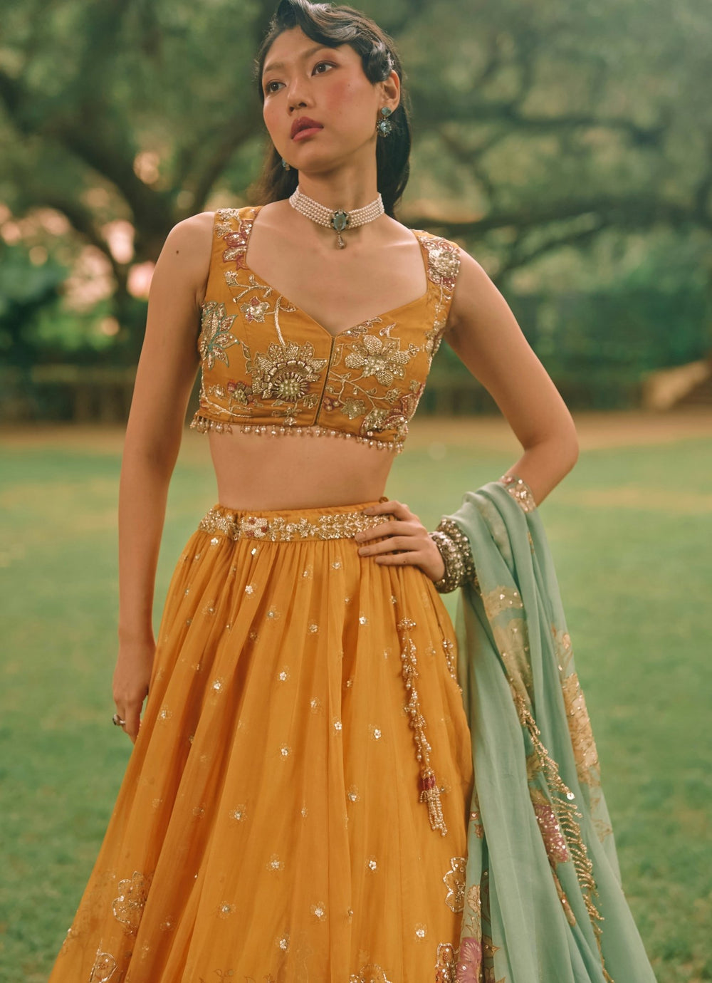 Paulmi and Harsh Mustard Yellow And Jade Green Printed Organza Lehenga SetFabilicious Fashion
