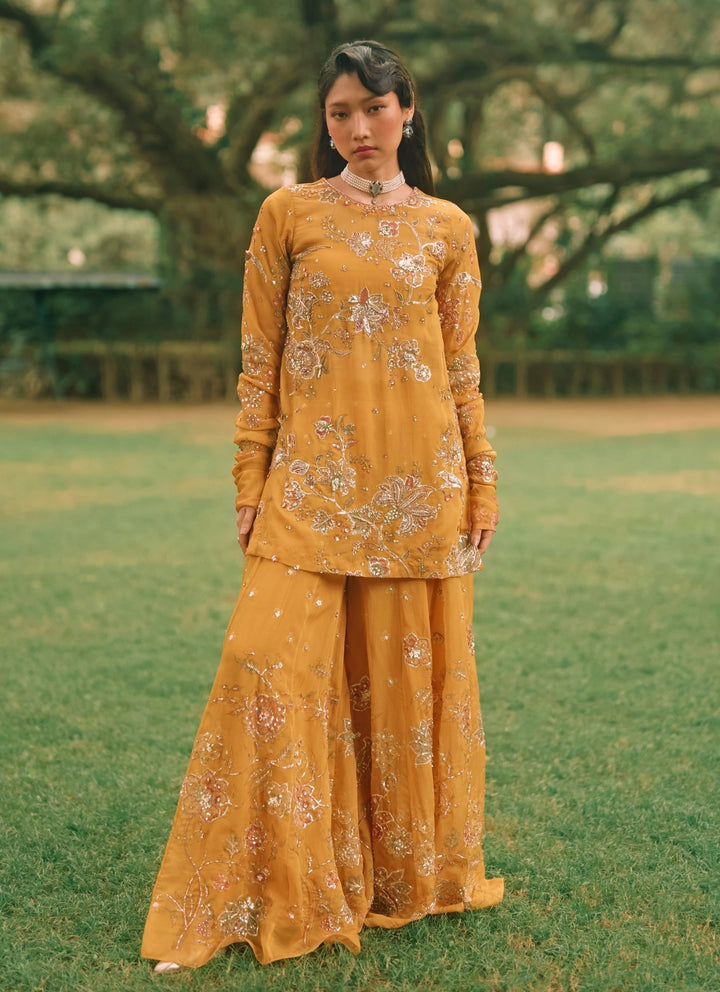 Paulmi and Harsh Mustard Yellow And Salmon Pink Printed Organza Kurta Palazzo SetFabilicious Fashion