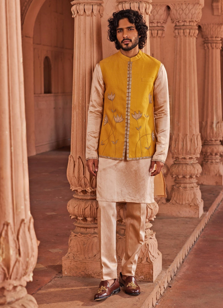 Mustard Yellow Applique Nehru Jacket Set Contrast By Parth - Fabilicious Fashion
