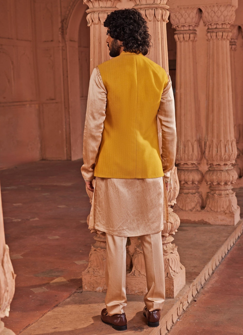 Mustard Yellow Applique Nehru Jacket Set Contrast By Parth - Fabilicious Fashion
