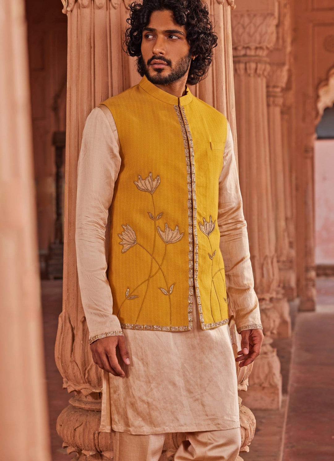Mustard Yellow Applique Nehru Jacket Set Contrast By Parth - Fabilicious Fashion