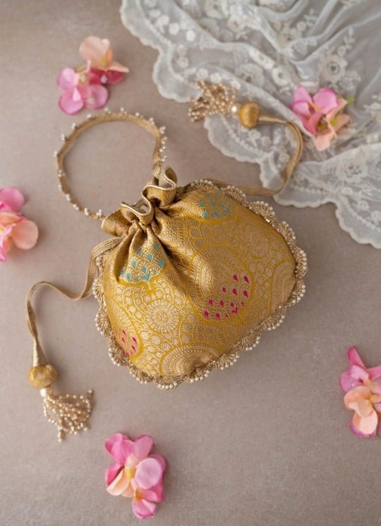 Mustard Yellow Banarasi Potli AMYRA - Fabilicious Fashion