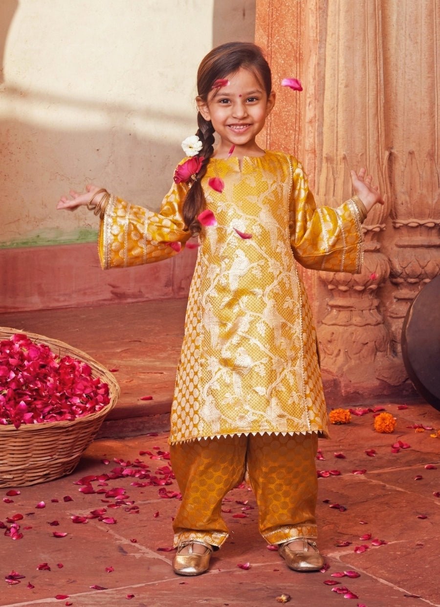 Mustard Yellow Brocade Kurta Salwar Set Chotibuti - Fabilicious Fashion