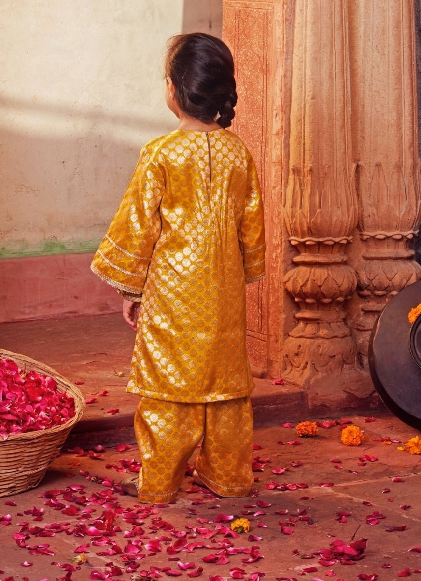 Mustard Yellow Brocade Kurta Salwar Set Chotibuti - Fabilicious Fashion