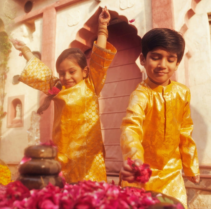 Mustard Yellow Brocade Kurta Salwar Set Chotibuti - Fabilicious Fashion