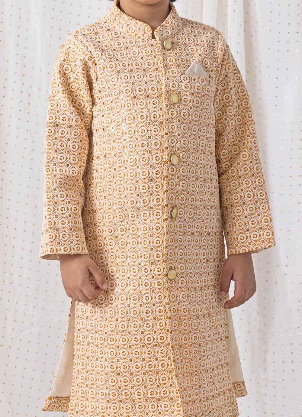 Mustard Yellow Cotton Sherwani Set Chotibuti - Fabilicious Fashion
