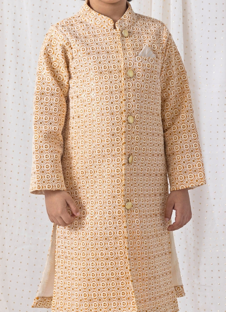 Mustard Yellow Cotton Sherwani Set Chotibuti - Fabilicious Fashion