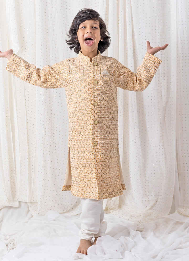 Mustard Yellow Cotton Sherwani Set Chotibuti - Fabilicious Fashion