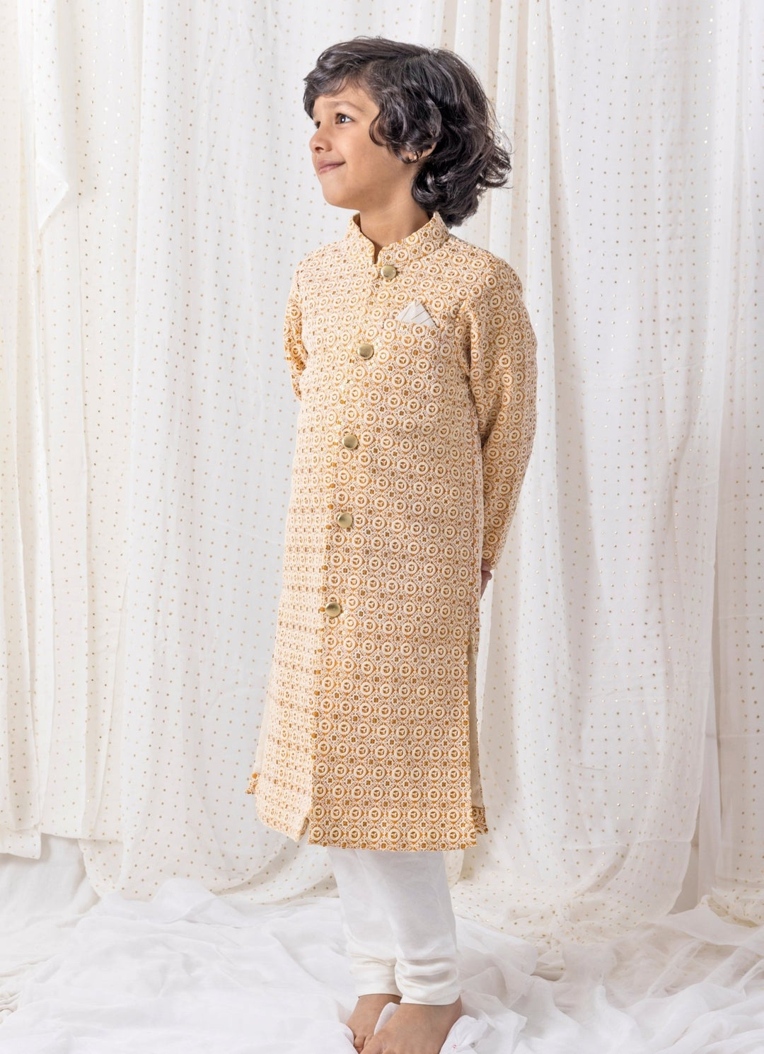 Mustard Yellow Cotton Sherwani Set Chotibuti - Fabilicious Fashion