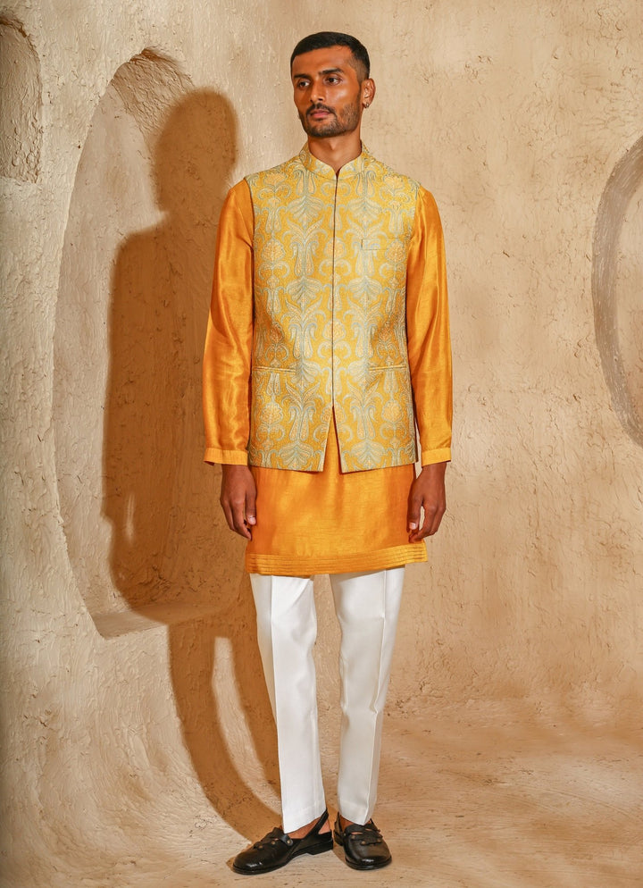 Mustard Yellow Cotton Silk Kurta Jacket Set Chatenya Mittal - Fabilicious Fashion