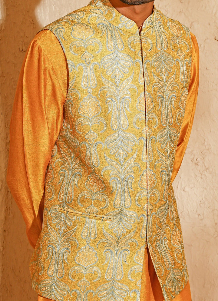 Mustard Yellow Cotton Silk Kurta Jacket Set Chatenya Mittal - Fabilicious Fashion