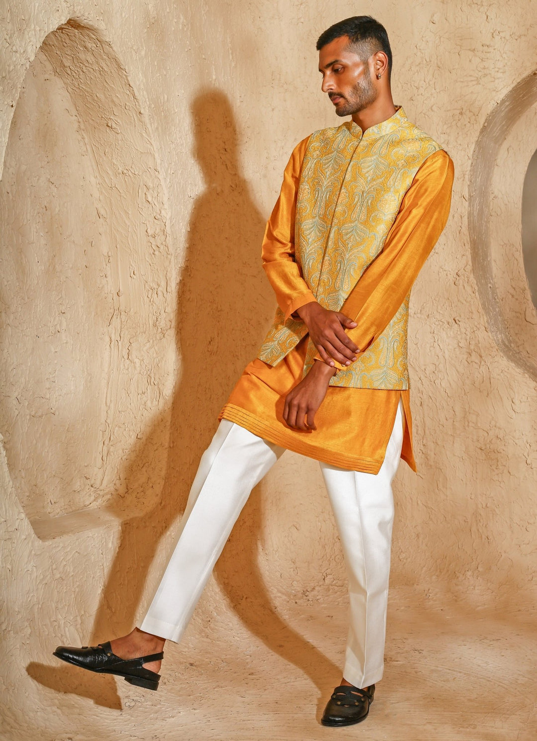 Mustard Yellow Cotton Silk Kurta Jacket Set Chatenya Mittal - Fabilicious Fashion