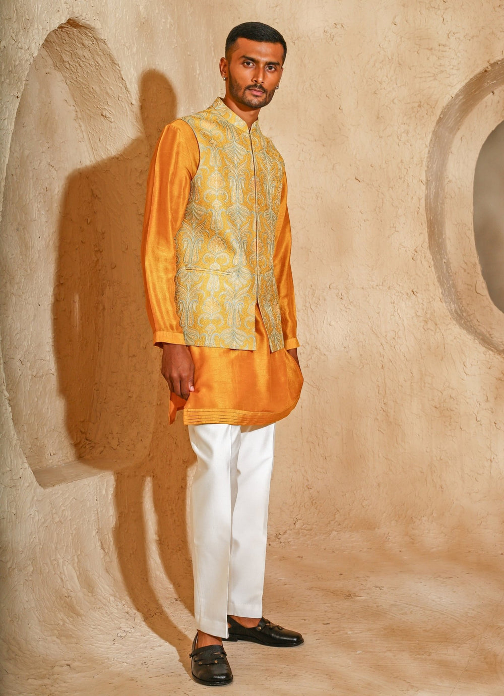 Mustard Yellow Cotton Silk Kurta Jacket Set Chatenya Mittal - Fabilicious Fashion