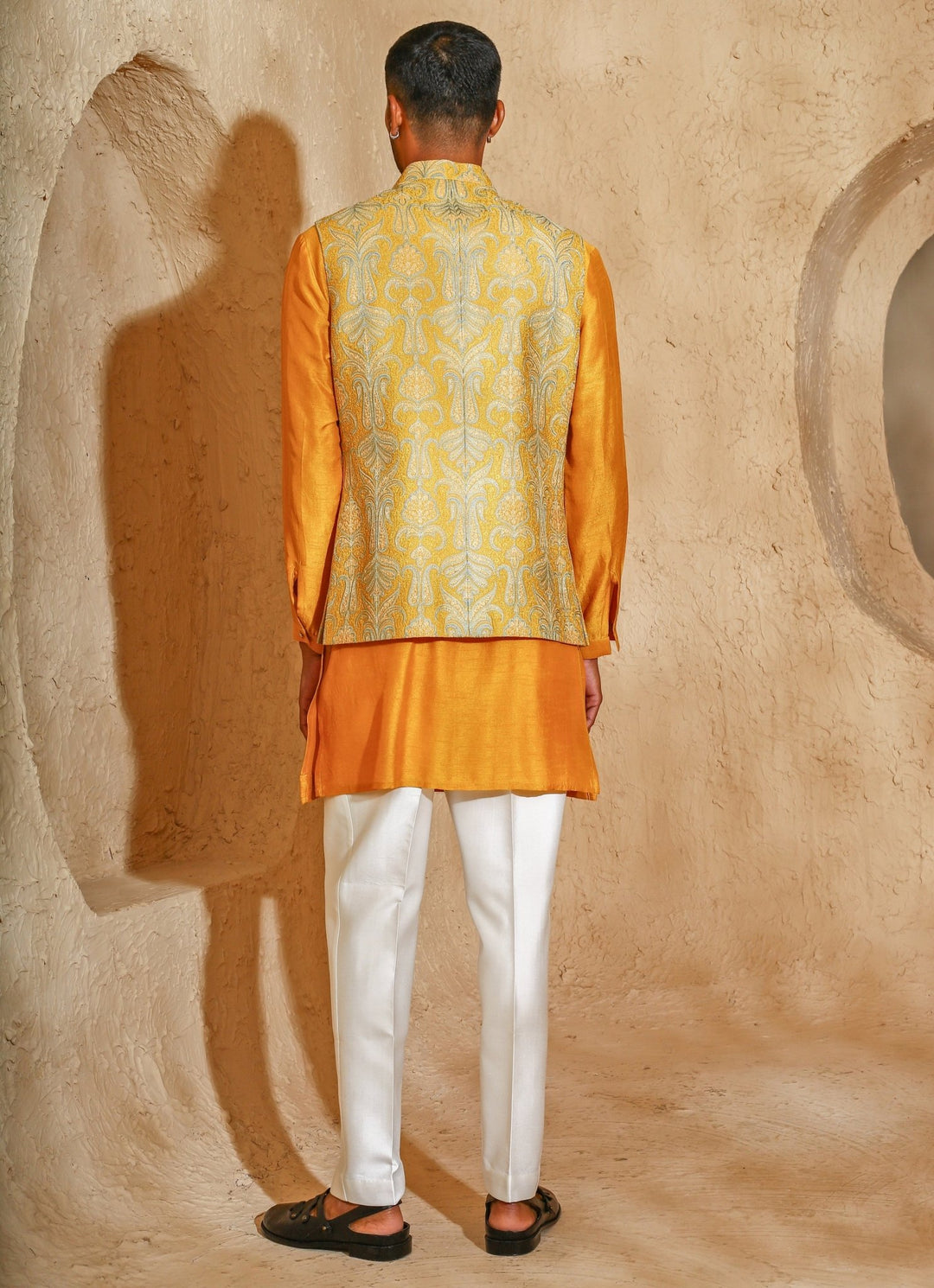 Mustard Yellow Cotton Silk Kurta Jacket Set Chatenya Mittal - Fabilicious Fashion